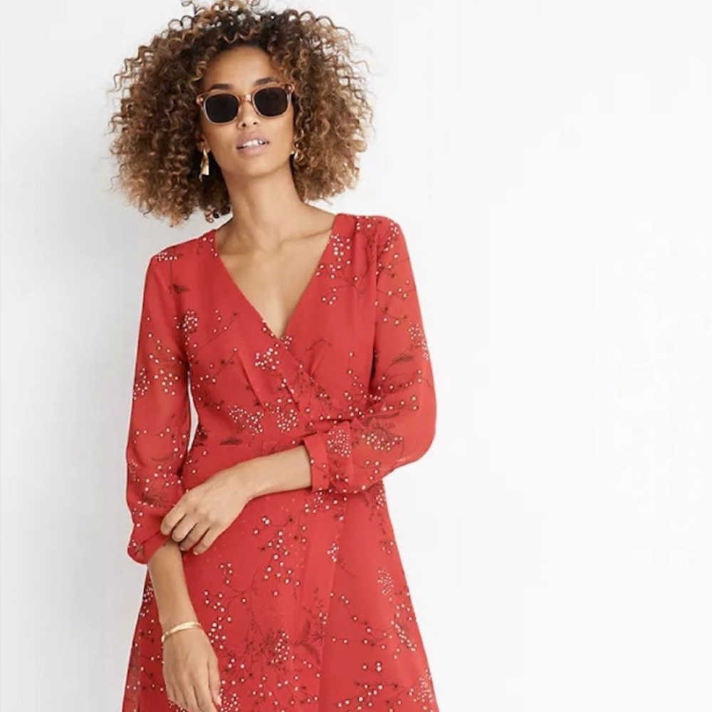 NWT Madewell Red Floral Wrap Dress Size 8 Long Sleeve